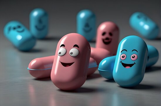 Blue and red pills with smiley faces