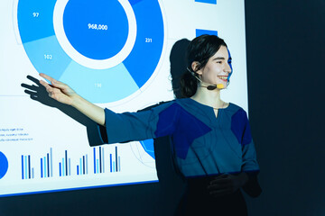 Caucasian woman giving a presentation using a projector