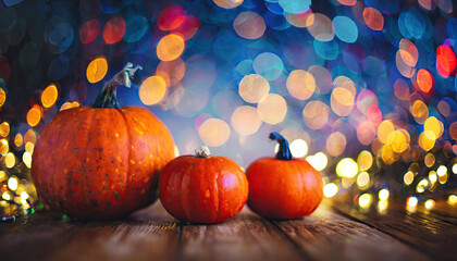 Halloween, orange pumpkins on a wooden table on a bokeh glowing background, copy space, Generated AI
