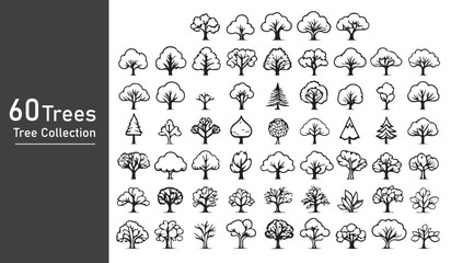 silhouette tree line drawing set, Side view, set of graphics trees elements outline symbol