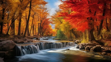 Majestic waterfall surrounded by vibrant and colorful autumn leaves.