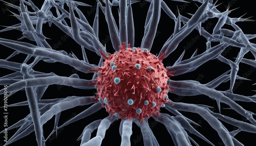 Poster a microscopic view of a red and blue virus surrounded by a network of spikes