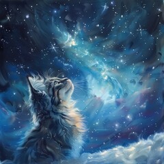 Animated fluffy kitten marveling at a frozen starlit sky vibrant contrasts painting a story of curiosity and magic