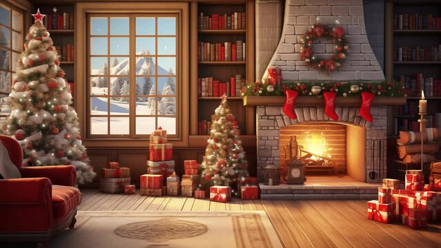 christmas at home. christmas decoration with fireplace in winter season. seamless looping overlay 4k virtual video animation background 