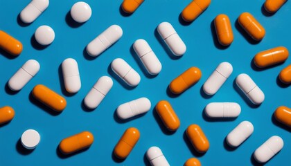  A colorful array of pills against a blue background