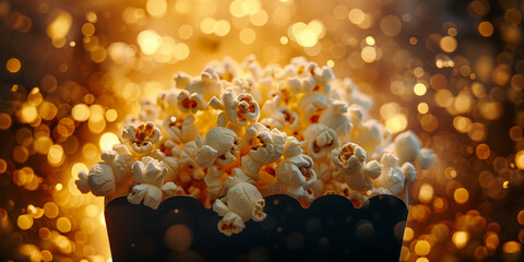 A delicious freshly popped popcorn on a table with golden glitter blur background - obrazy, fototapety, plakaty