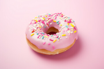 Vanilla Frosted Donut with Colorful Sprinkles on Pink Background. Sweet Treat and Dessert Concept