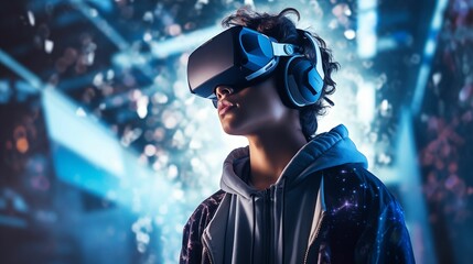 Teen boy wearing an augmented reality headset. - obrazy, fototapety, plakaty
