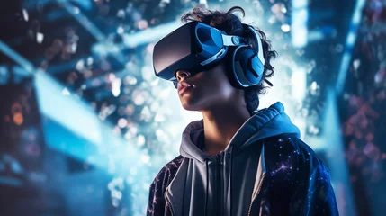 Foto op Canvas Teen boy wearing an augmented reality headset. © kept