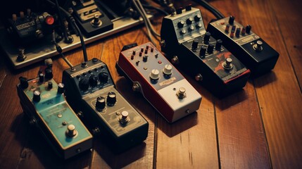 Vintage guitar effects laid out on a wooden floor.