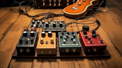 Vintage guitar effects laid out on a wooden floor. - obrazy, fototapety, plakaty