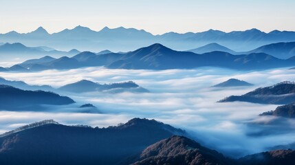 View from the top of the mountains with fog. - obrazy, fototapety, plakaty