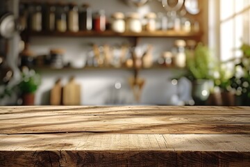 Obraz na płótnie Canvas Natural wooden table top and blurred wall with kitchen shelf