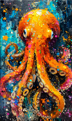 Colorful oil color painting of an orange octopus on a colorful background.