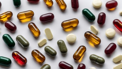  A variety of colorful capsules against a white background