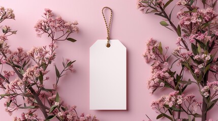 white cardboard Price tag or label with tiny pink flower and a lanyard isolated on a pastel pink background. Flat lay, top view, copy space - obrazy, fototapety, plakaty
