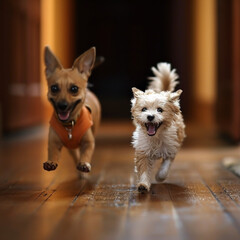 Whimsical Chase: Cat and Dog Running Directly at Camera
