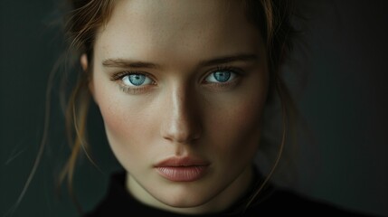 Fototapeta premium Young woman with blue eyes, wearing a stylish black shirt.