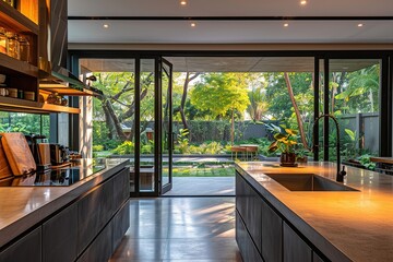 View of modern kitchen counter looking through to dining area. Glass exterior doors with views to the garden. - obrazy, fototapety, plakaty