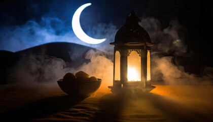 Fototapeta premium Traditional Ramadan and Eid lantern lamp with crescent moon, dates and fruits in a bowl on carpet, Generated AI