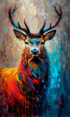 Color painting of a wild deer with multicolored paint stains.