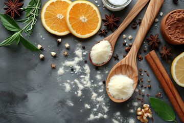 Wooden spoon and ingredients