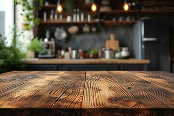 Naklejka na ściany i meble Wood tabletop on blur kitchen counter background for product display