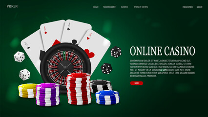 A web banner with 3D cards, chips, and poker dice on a green background. The concept for an online casino.