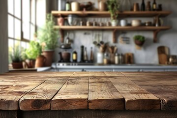 Fototapeta na wymiar Wood table top on blur kitchen room background .For montage product display or design key visual