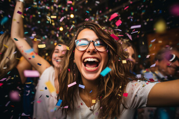 Obraz premium Happy group of young people having fun together celebrating with confetti at party