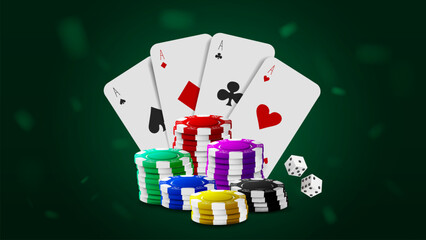 White classic poker cards with colorful chips and dice on a green background. A concept for a casino.