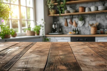 Wood table top on blur kitchen room background .For montage product display or design key visual