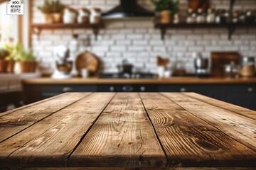 Wood table top on blur kitchen room background .For montage product display or key visual layout.