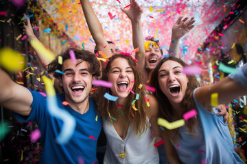 Happy group of young people having fun together celebrating with confetti at outdoors party