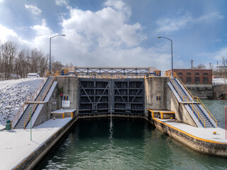 Winter aerial Image of the Erie Canal Locks found in Seneca Falls, NY, between Seneca Lake and...