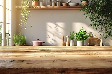 Wood table top on light abstract from kitchen room background.
