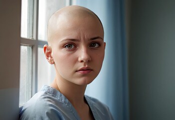 Bald sad teenage girl near window in a hospital. Stop cancer concept - obrazy, fototapety, plakaty
