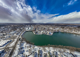 Winter aerial Image of the Seneca Falls, NY on a cloudy afternoon.