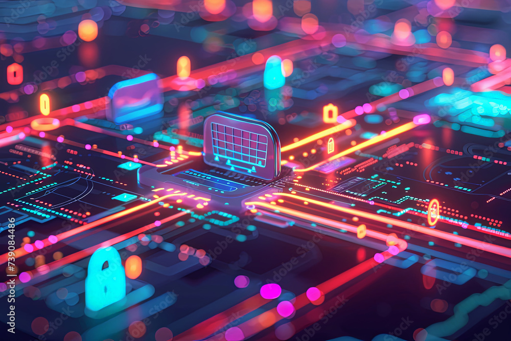Poster a circuit board with a padlock and a grid on it