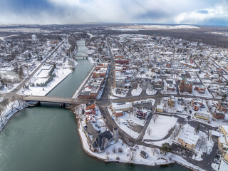 Winter aerial Image of the Seneca Falls, NY on a cloudy afternoon.