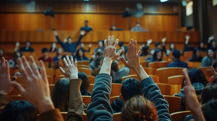 Cheers to the class Close-up of enthusiastic hands in lecture hall Even though there are many nationalities - obrazy, fototapety, plakaty