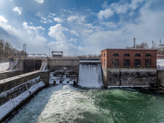 Winter aerial Image of the Erie Canal Locks found in Seneca Falls, NY, between Seneca Lake and Cayuga Lake.