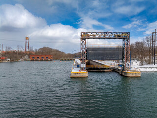 Winter aerial Image of the Erie Canal Locks found in Seneca Falls, NY, between Seneca Lake and...