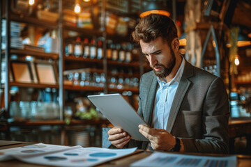 Young entrepreneur analyzing digital financial charts on a tablet, coffee shop setting. AI Generated