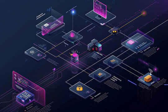 An isometric diagram of a computer system with a purple background