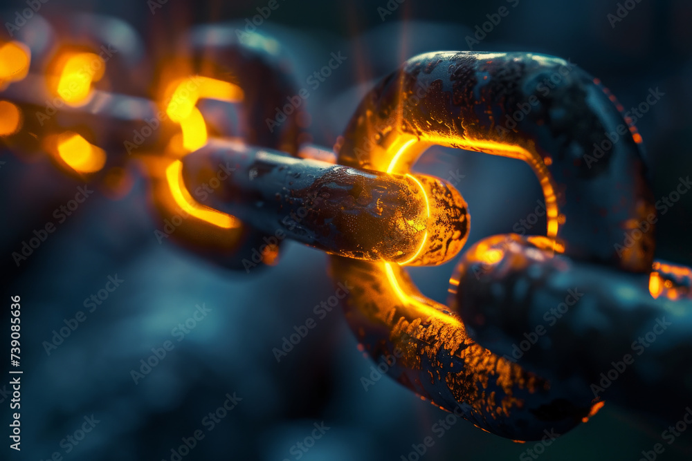 Poster a close up of a chain with a glowing link
