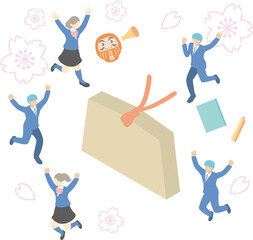 アイソメトリック　学生　受験　人物　男性　女性　イラスト素材セット