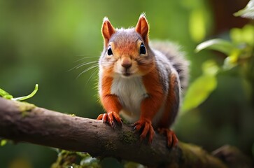 Obraz premium The Woodland Whisperer: A Furry Squirrel in its Natural Habitat, a Peaceful Forest, generative AI