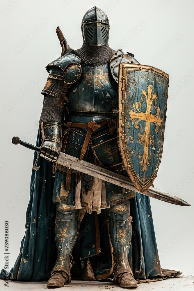 Wall mural a knight in armor with a shield and sword. a stoic knight stands tall, his glistening armor a symbol