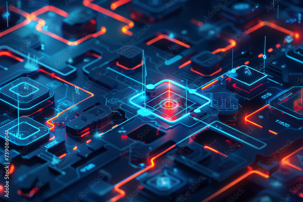 Poster a computer circuit board with a red circle in the middle